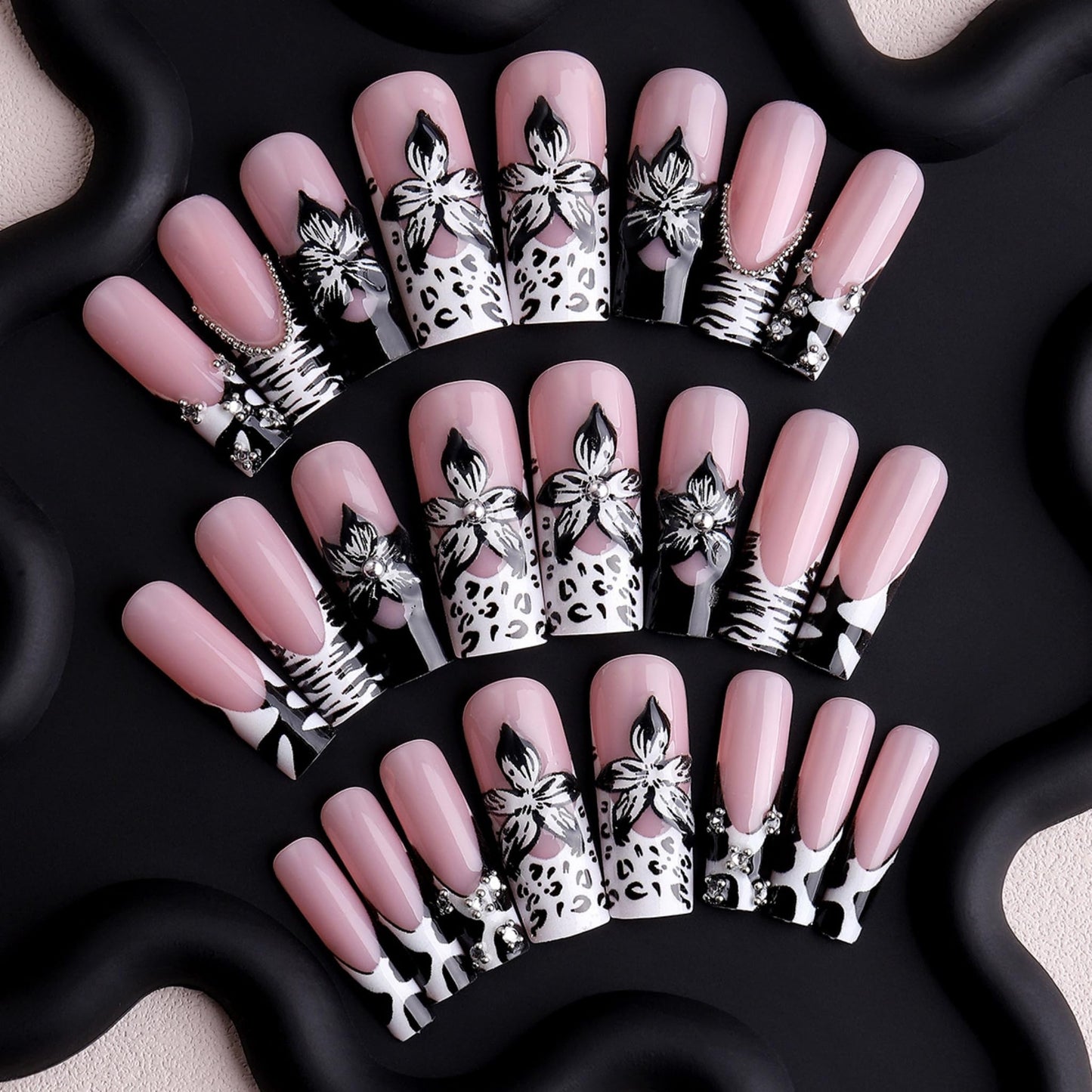 SEENEEY Long Press on Nails Square Fake Nails Black Artificial Nail 3D Floral Designs Rhinestones Stick on Nail for Women 24pcs
