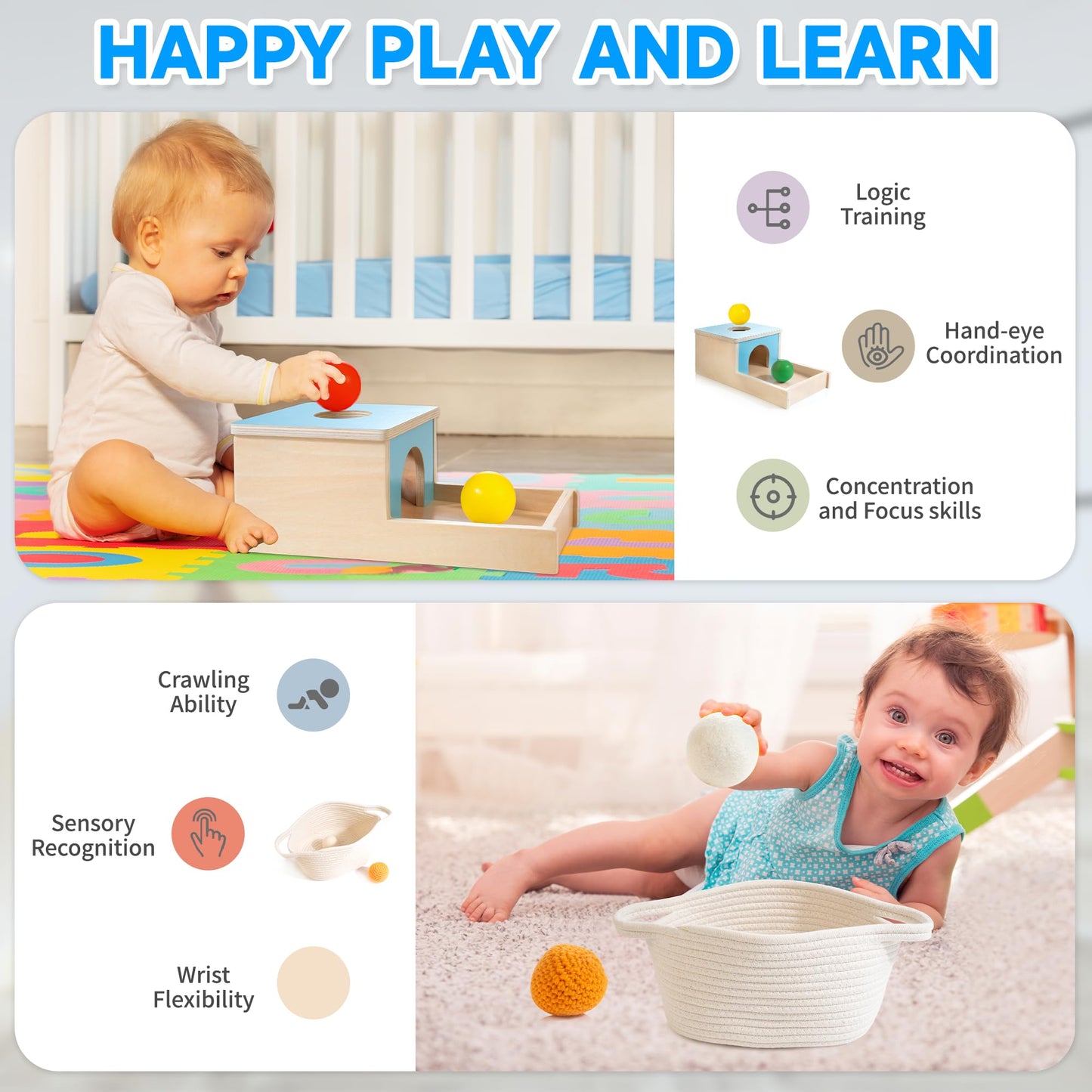 WOODMAM Montessori Toys for Babies 7-12 Months, 9 in 1 Educational Wooden Toys Set, Includes Object Permanent Box, Stacking Cups, Mirror Puzzle, Ring Stacker and More