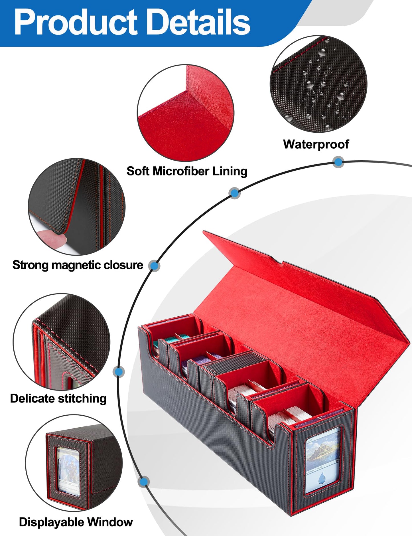 UAONO Card Deck Box for MTG with Commander Display, 5 in 1 Card Deck Case Holds 800+ Unsleeved Cards, Strong Magnet Organizer Compatible with Yugioh TCG Sports Cards (Black&Red)