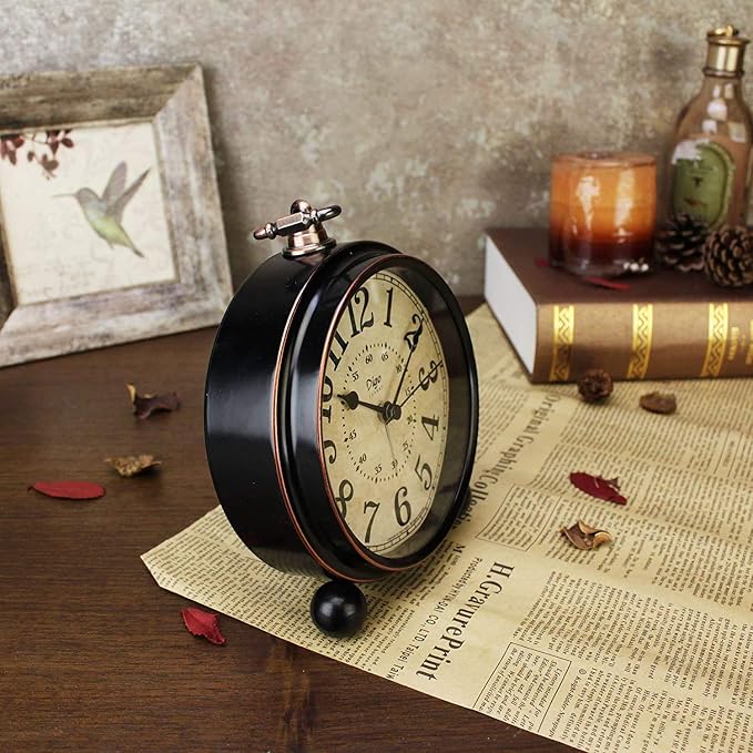 Maxspace 5.5 inch Black European Style Retro Silent Desk Alarm Clock Non-Ticking Whisper Battery Operated, HD Glass Face, Easy to Read for Indoor Decor
