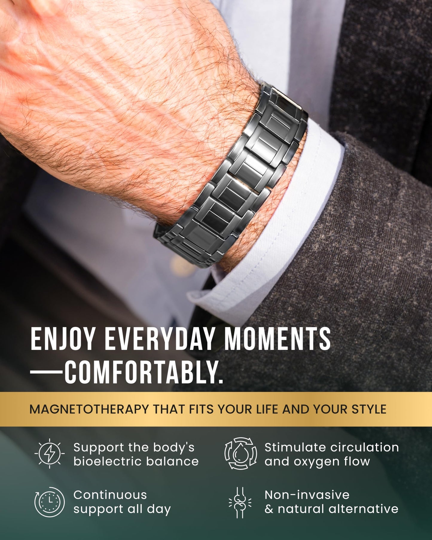 MagnetRX® 3X Strength Magnetic Bracelets for Men – Effective Magnetic Mens Titanium Bracelet – Premium Fold–over Clasp & Adjustable Length with Sizing Tool & Gift Box (Gunmetal)