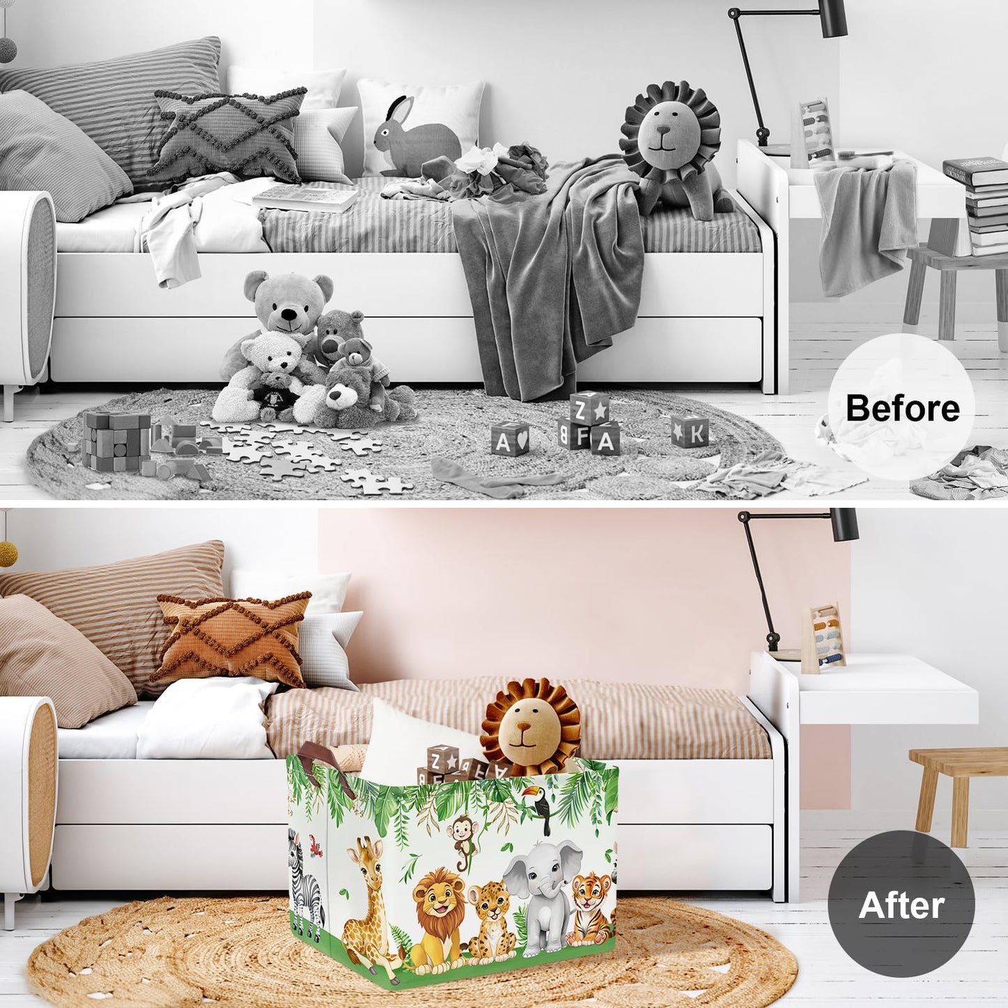 Clastyle Safari Animal Laundry Basket Leaf Kids Clothes Book Storage Basket Gift Toy Box for Bedroom Decor,Elephant Lion Giraffe,40x30x30 cm