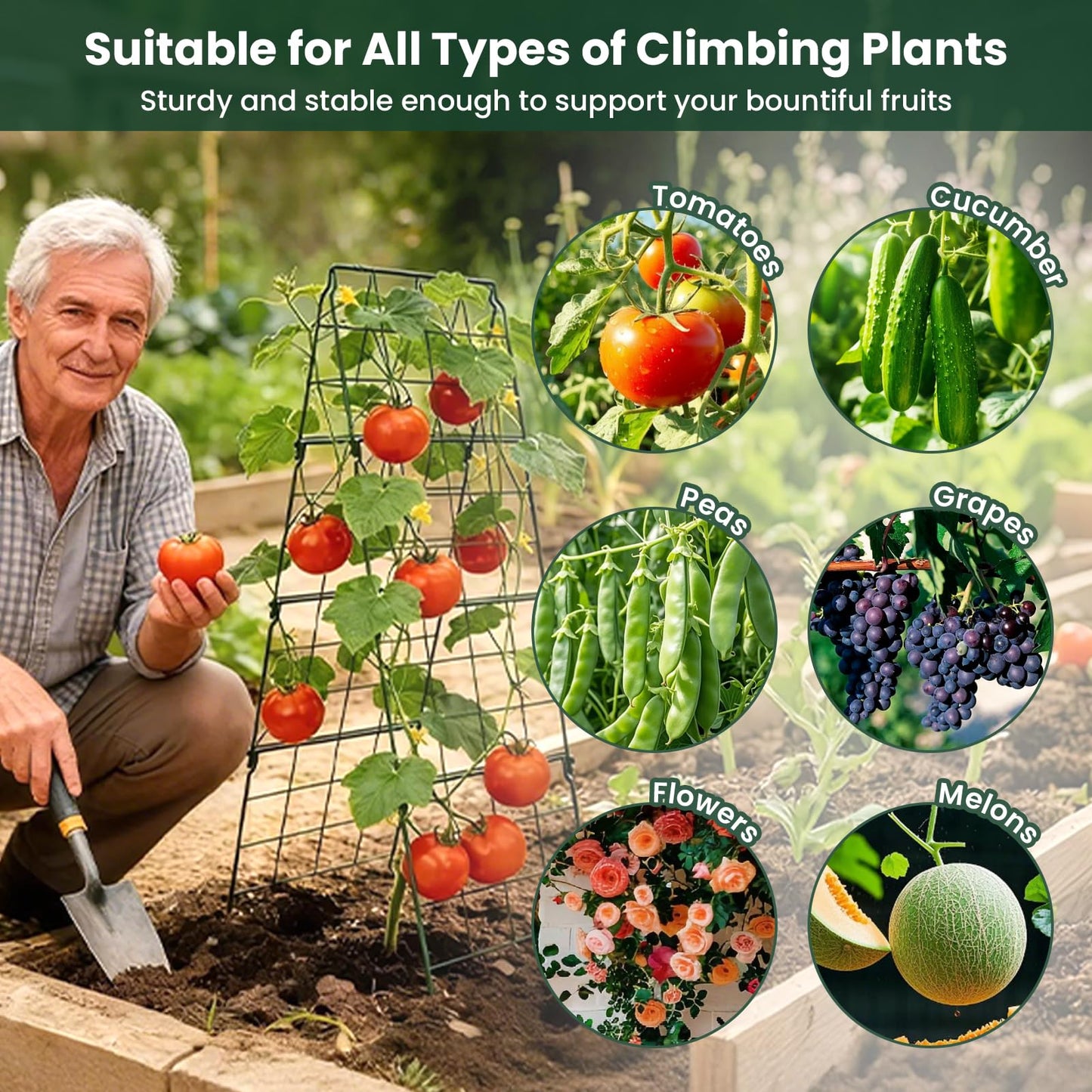 Cucumber Trellis, 48"x16" Adjustable A-Frame Trellis for Climbing Plants, Metal Foldable Upgraded Vegetable Trellis for Raised Bed, Support for Tomatoes, Squash, Zucchini, Vegetables & Flowers