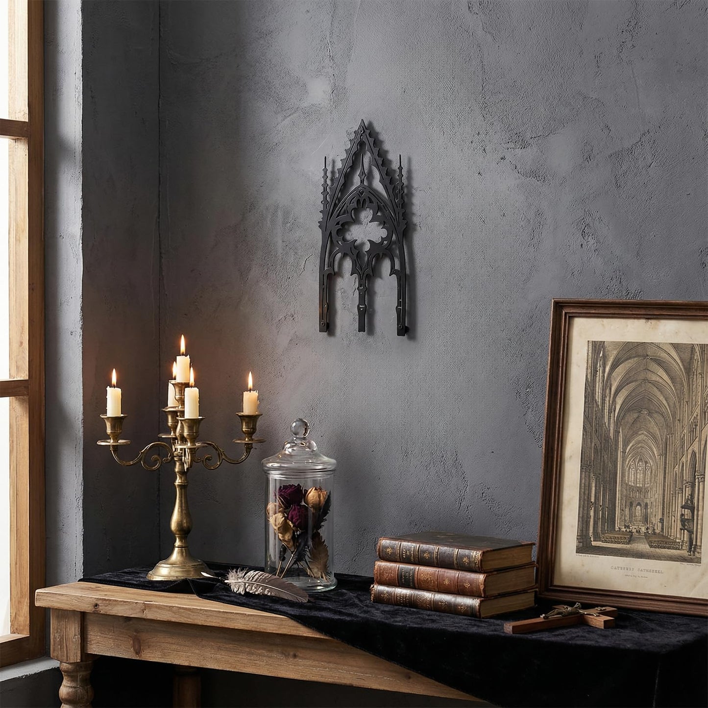 WOPARTY Gothic Cathedral Window Wall Art, Black Metal Decorative Panel, 11.8 x 5.91 Inches, Medieval Home Decor for Bedroom Living Room