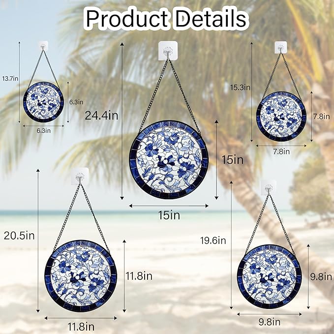 Stained Glass Window Hanging, Blue and White Abstract Flowers Sun Catcher for Door Home Decor Suncatcher Christmas Mother's Day Birthday Gifts for Women Men Mom and Nana 15 in