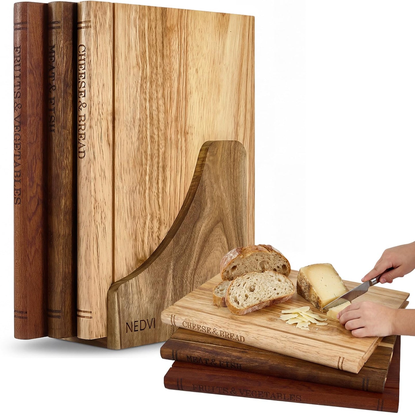 NEDVI Book Cutting Board Set with Wooden Stand-Wooden Kitchen Cutting Boards That Look Like Books for Cheese Meat Vegetables, Chopping Board Gift Set for Home Cooks & Kitchen Decor