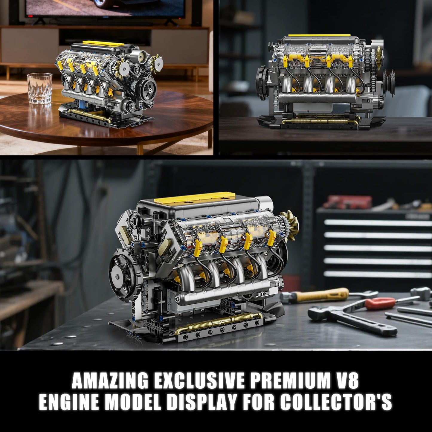 BseSparklion V8 Engine Model Kit that Runs, Visible Mini Car Motor Building Blocks Set for Adults, Compatible with Lego, STEM Physical Science Educational Toy for Teens Boys 14+ (905 PCS)