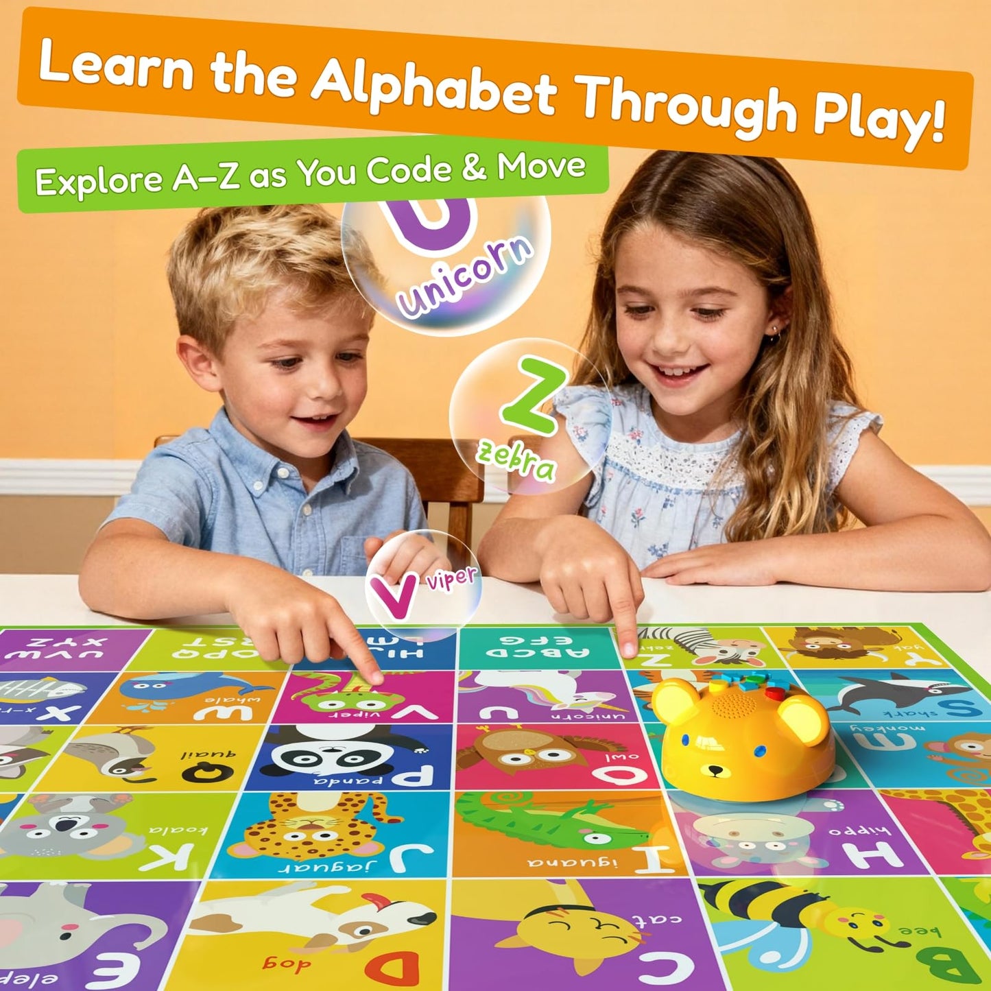 Apitor Robot Bear Screen-Free Coding Robot for Kids Ages 3-5, First Coding Toy with Lights, Sounds & Alphabet Map, STEM Learning Toy Birthday Gift for Boys & Girls