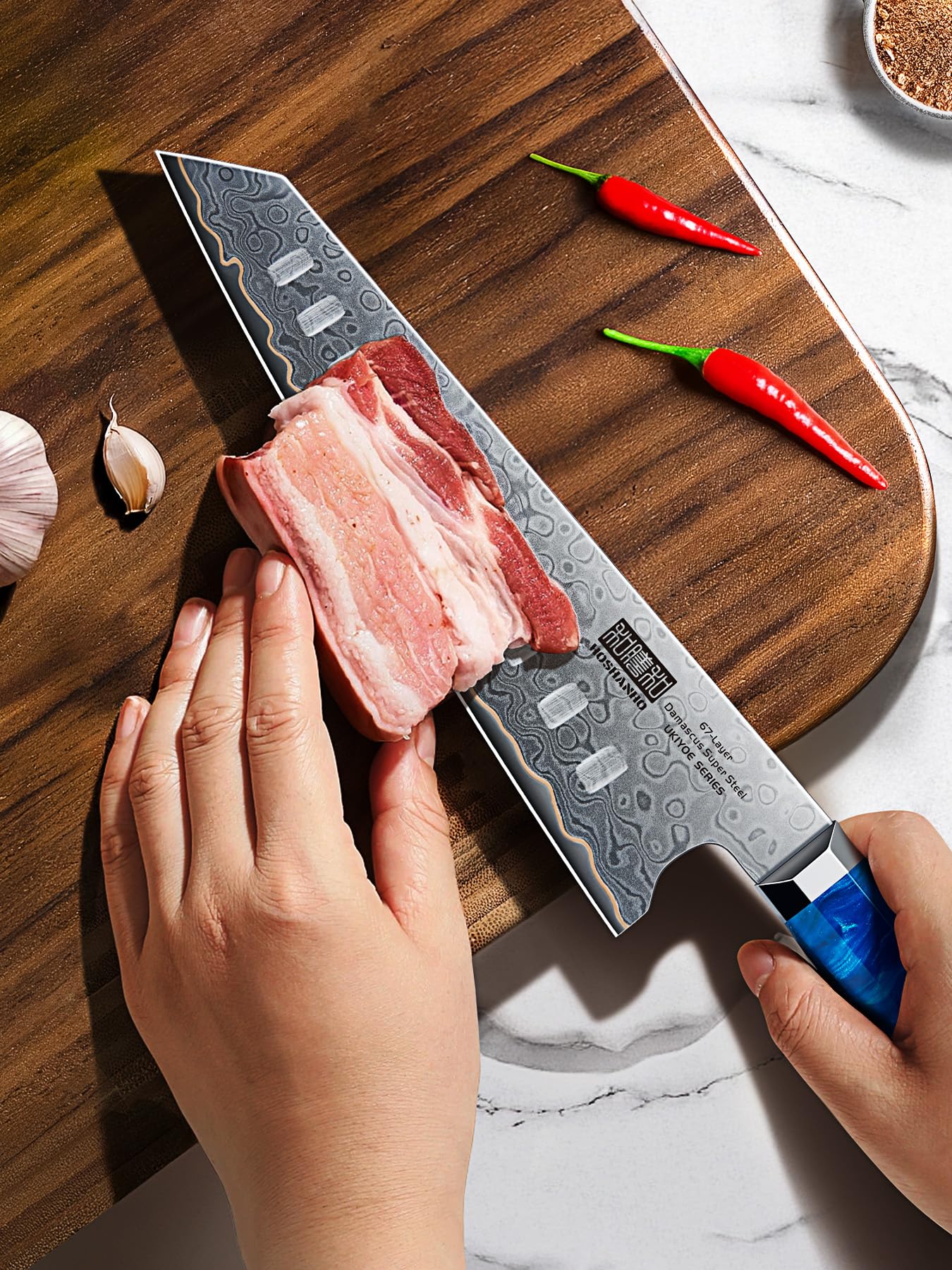 HOSHANHO Damascus Santoku Knife 7 Inch, 67-Layer Damascus Steel Chef Knife, Ultra Sharp Professional Kitchen Knives with Ergonomic Blue Resin Stabilized Wood Handle and Wood Gift Box
