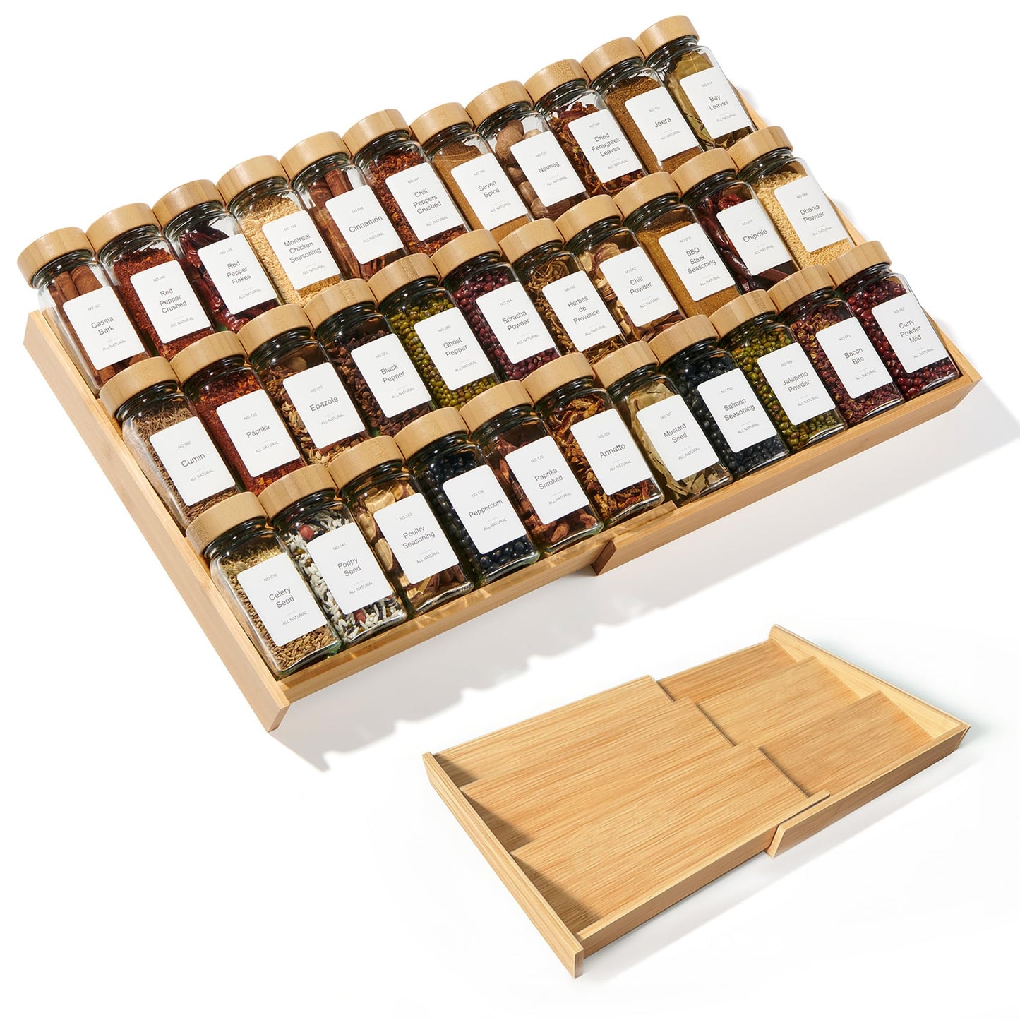 KitHero Expandable 3-Tier Bamboo Spice Rack Organizer (12"-21" W, 13.5" D, 3.7" H) Adjustable for Kitchen Drawers, Cabinets, Countertops, Pantry Shelves & Cupboards, No Jars Included