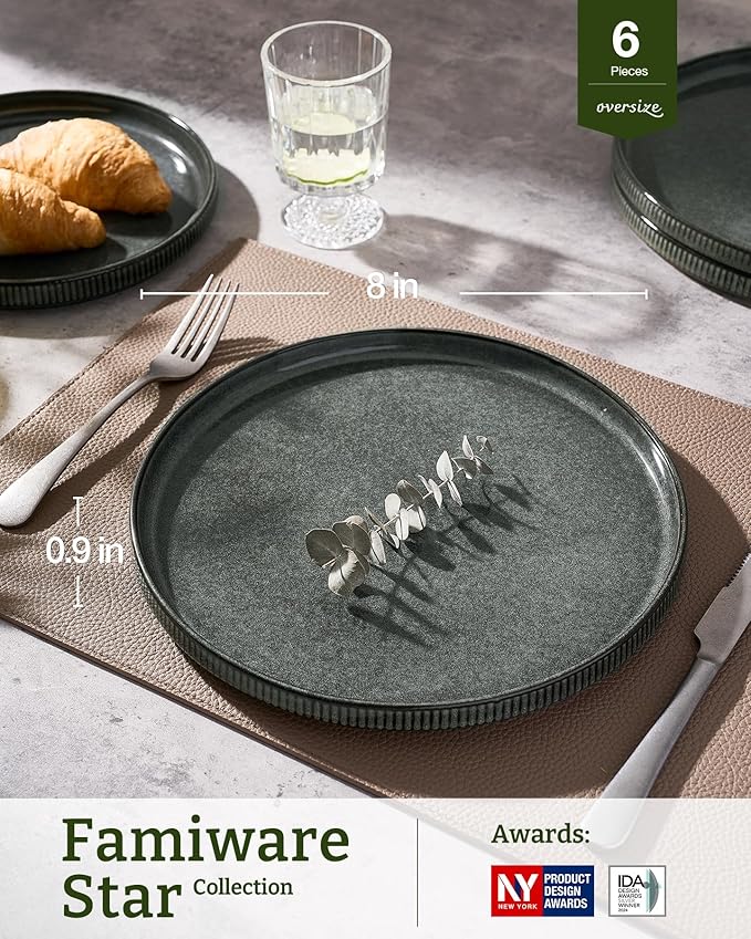 famiware Star Salad Plates for 6, 8 inches Plate Set, Stoneware Dinnerware, Small Dinner Plates for Dessert, Salad, Appetizer,Deep Forest