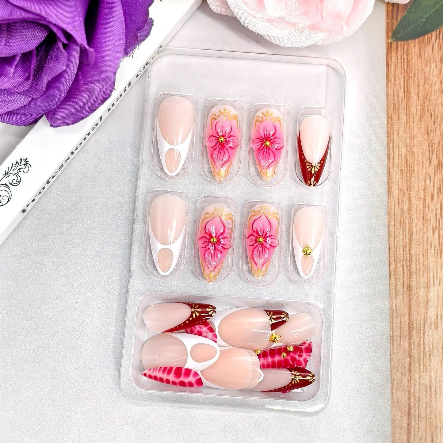 Flower Press on Nails Medium Almond Artificial Acrylic French Fake Nails 3D Floral Leopard Print with Gold Beads Spring Glossy Design Stick on Nail Glossy Artificial Fingernails for Women Manicure