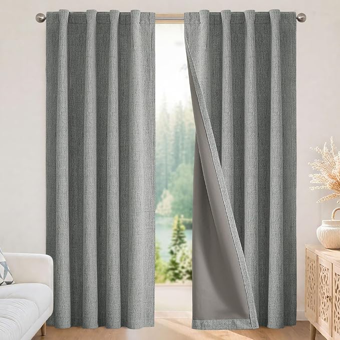 Joydeco Blackout Curtains for Bedroom - 100% Light Blocking 2 Panels Light Grey Drapes 37" W x 72" L, Thermal Insulated Room Darkening Curtains, Linen Textured for Living Room, Rod Pocket & Back Tabs