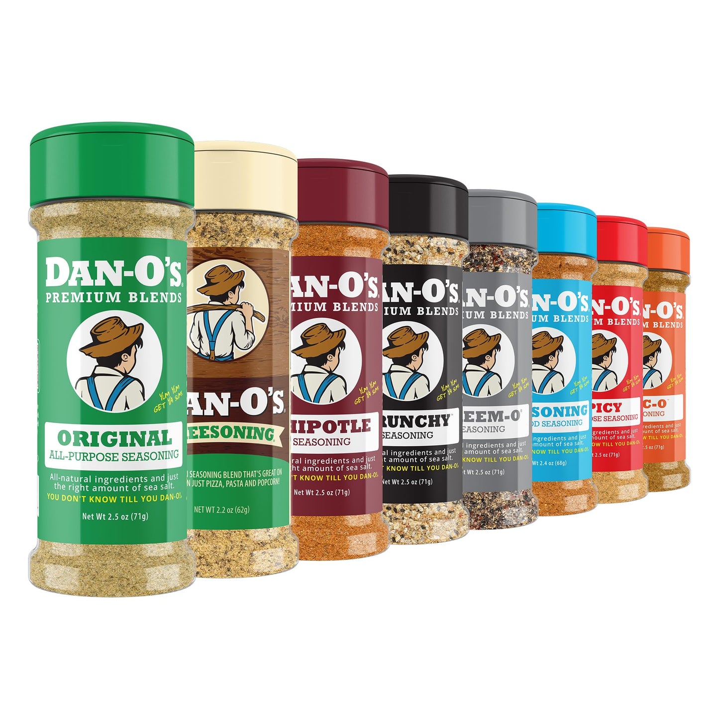 Dan-O’s Seasoning Variety Pack – 8 Bottle Set (Extra-Small Bottles) – Original, Spicy, Chipotle, Crunchy, Cheesoning, Preem-O, SEA-soning & Tac-O – All Purpose, Sugar Free, Zero Calorie Spice Set