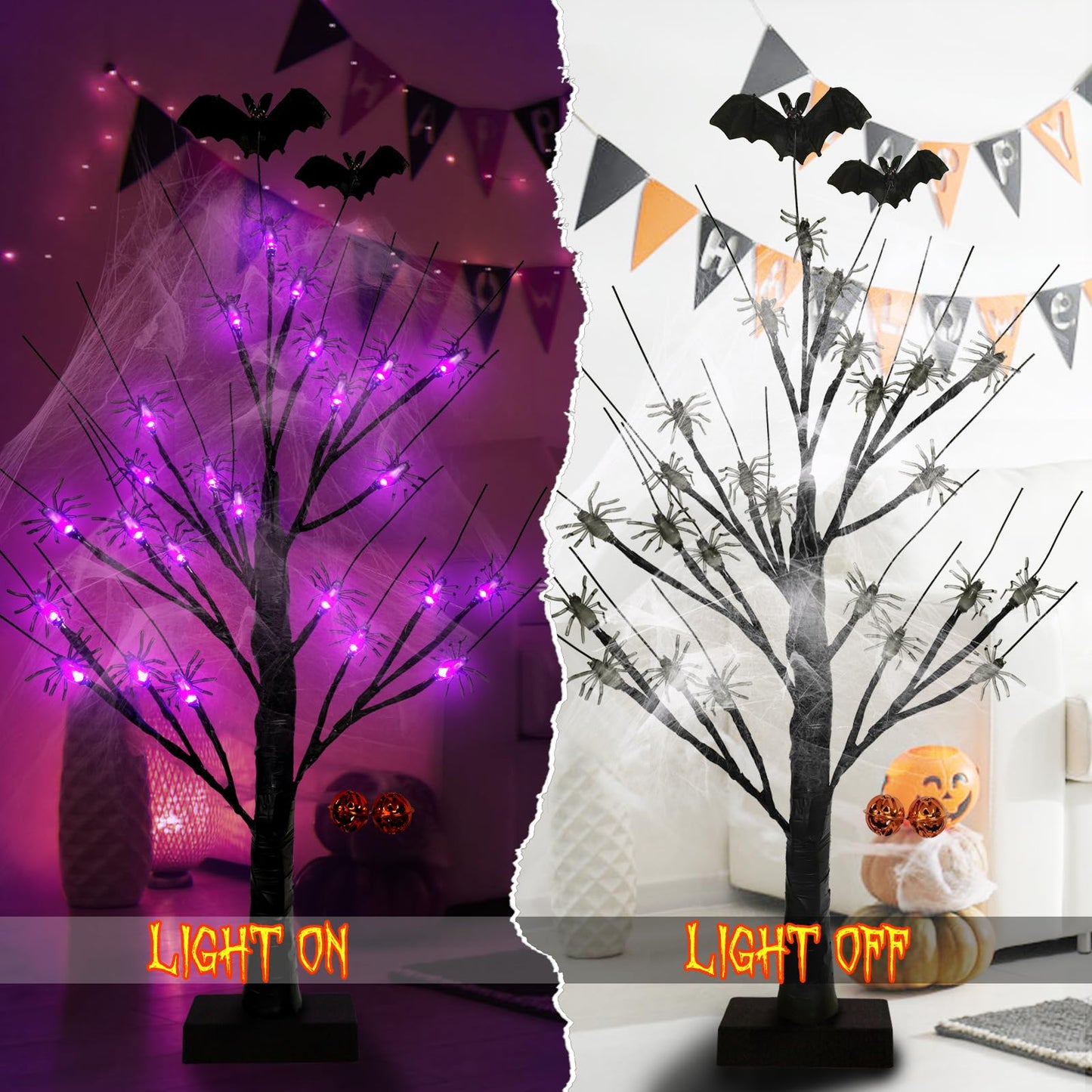 Halloween Decorations Indoor Spider Lights Tree, 2Ft Black Spooky Tree with Spider,Web,Bat and Pumpkin Bell Halloween Tree Decorations,Battery and USB Halloween Black Tree for Home Mantel Easter Decor