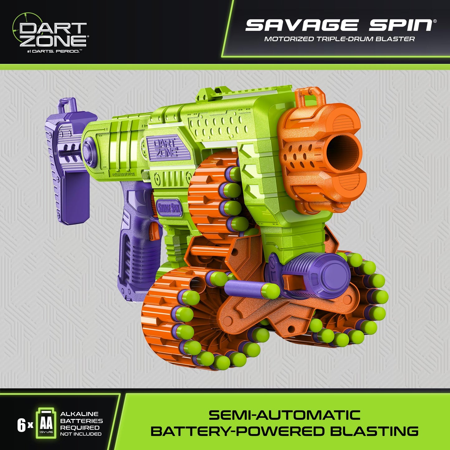 DART ZONE Savage Spin Semi-Auto Foam Dart Blaster – 45-Dart Triple-Drum Motorized Foam Dart Gun – NERF Dart Compatible Soft Bullet Toy Gun for Kids w. 90 Darts – AKA Adventure Force Gun – 80 ft Range