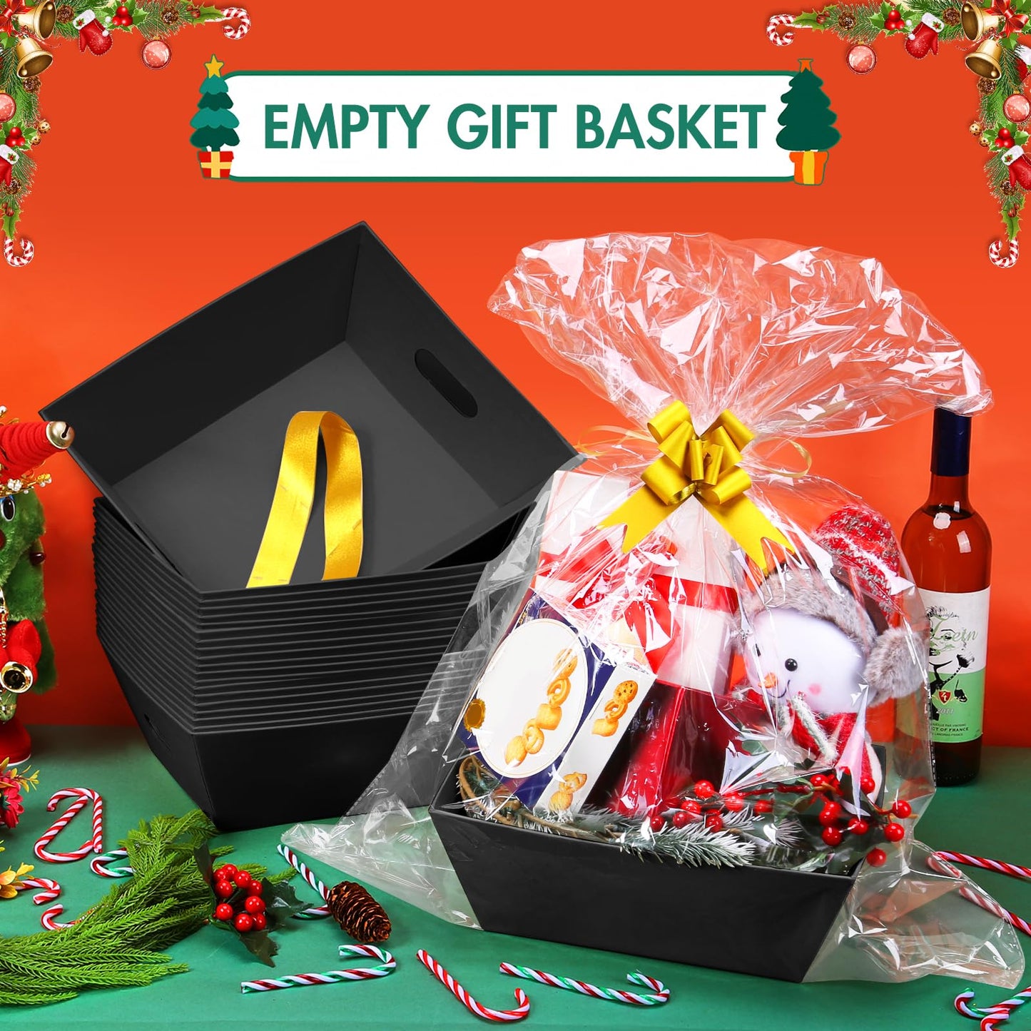 AFOROEOA 10PACK Black Baskets For Gifts Empty, 10x12”Thick Kraft Gift Basket with 10 Bows 10 Bags Empty Gift Baskets for Christmas, Easter, Birthdays, Snacks, Farmers Market