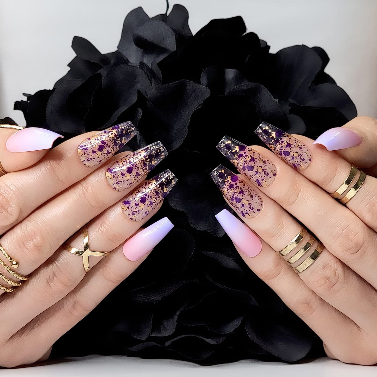 Hypnaughty Rio 24pcs Long Coffin Press-on Nails, Pink to Purple Ombre with Transparent Gold Design, ABS Material, Full Set with Glue