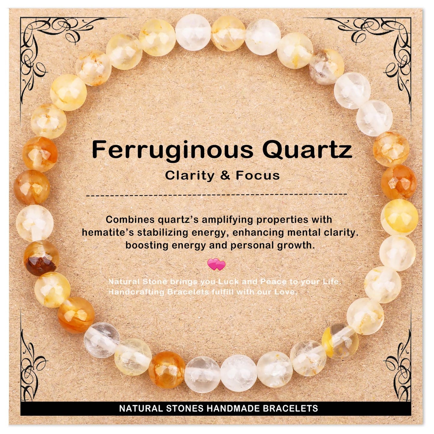 AD Beads 6mm Handmade Ferruginous Quartz Elastic Bracelet – Natural Gemstone for Clarity & Focus – Meditation, Yoga, Healing and Energy Gift for Men Women