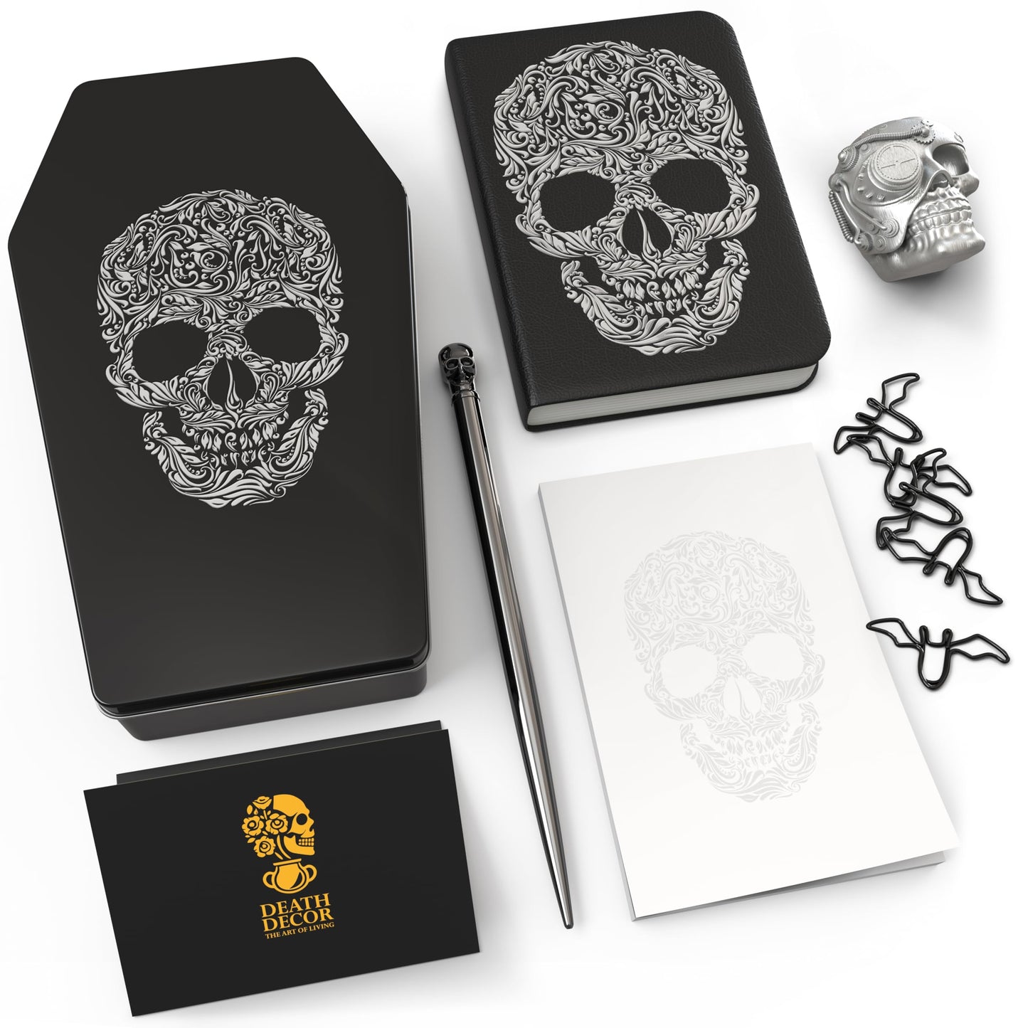Death Decor Gothic Stationery Gift Set – Journal Notebook, Sticky Notes, Bat Paper Clips & Skull Magnet – Dark Aesthetic Writing Journal for Office, School, Halloween & Gifts