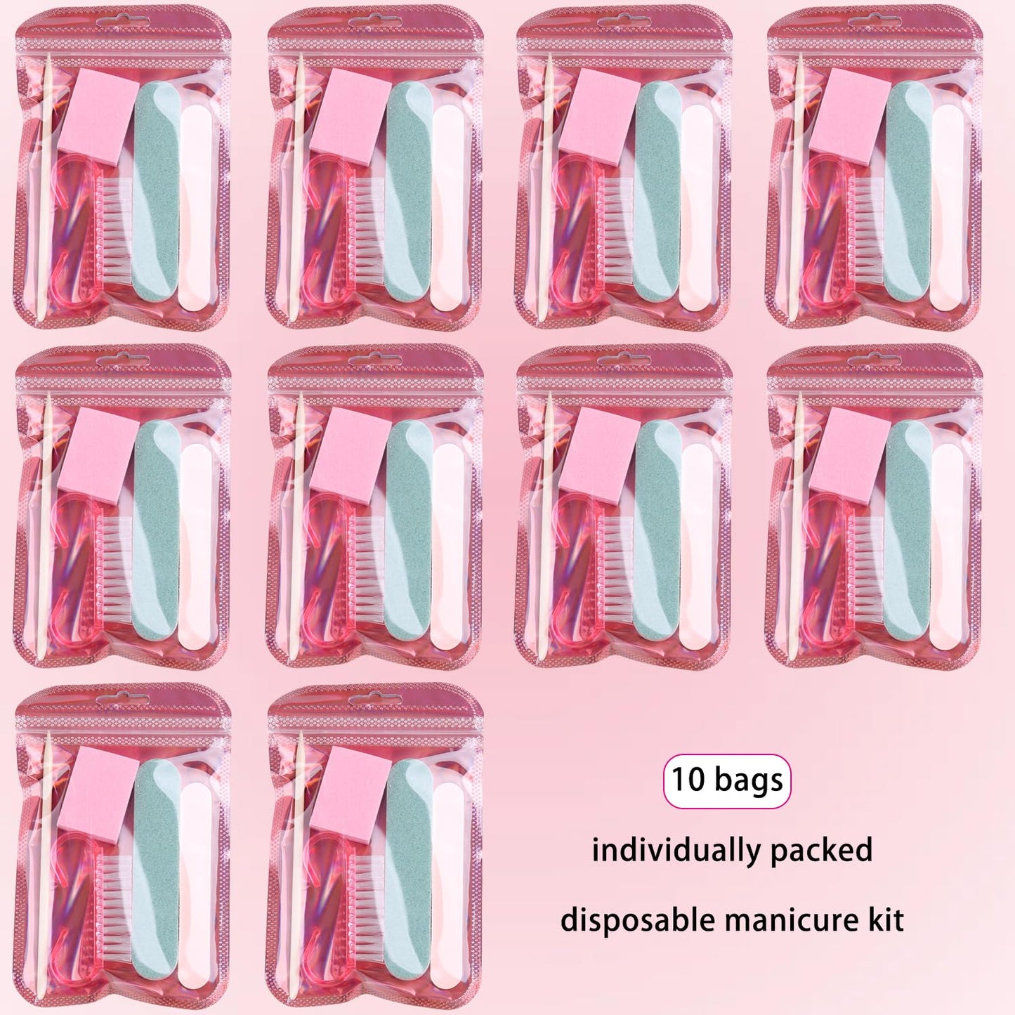 Fcozpjk Disposable Manicure Kit Basics 5PCS Nail Kit, Mini Nail Files Buffers Bulk Handle Grip Brush Orange Wood Stick Individually-Packed Pedicure Set for Fingernails Toenails Salon Supplies 10 Packs