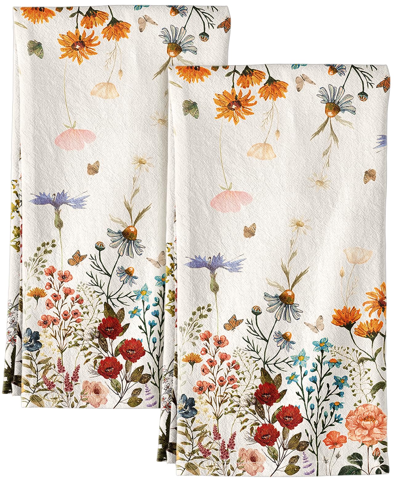Miss Adola Flour Sack Kitchen Towels - Set of 2 Cotton Dish Towels with Hanging Loop Decorative 18x26 Inch Absorbent Cute Design for Housewarming Gifts, Retro Floral