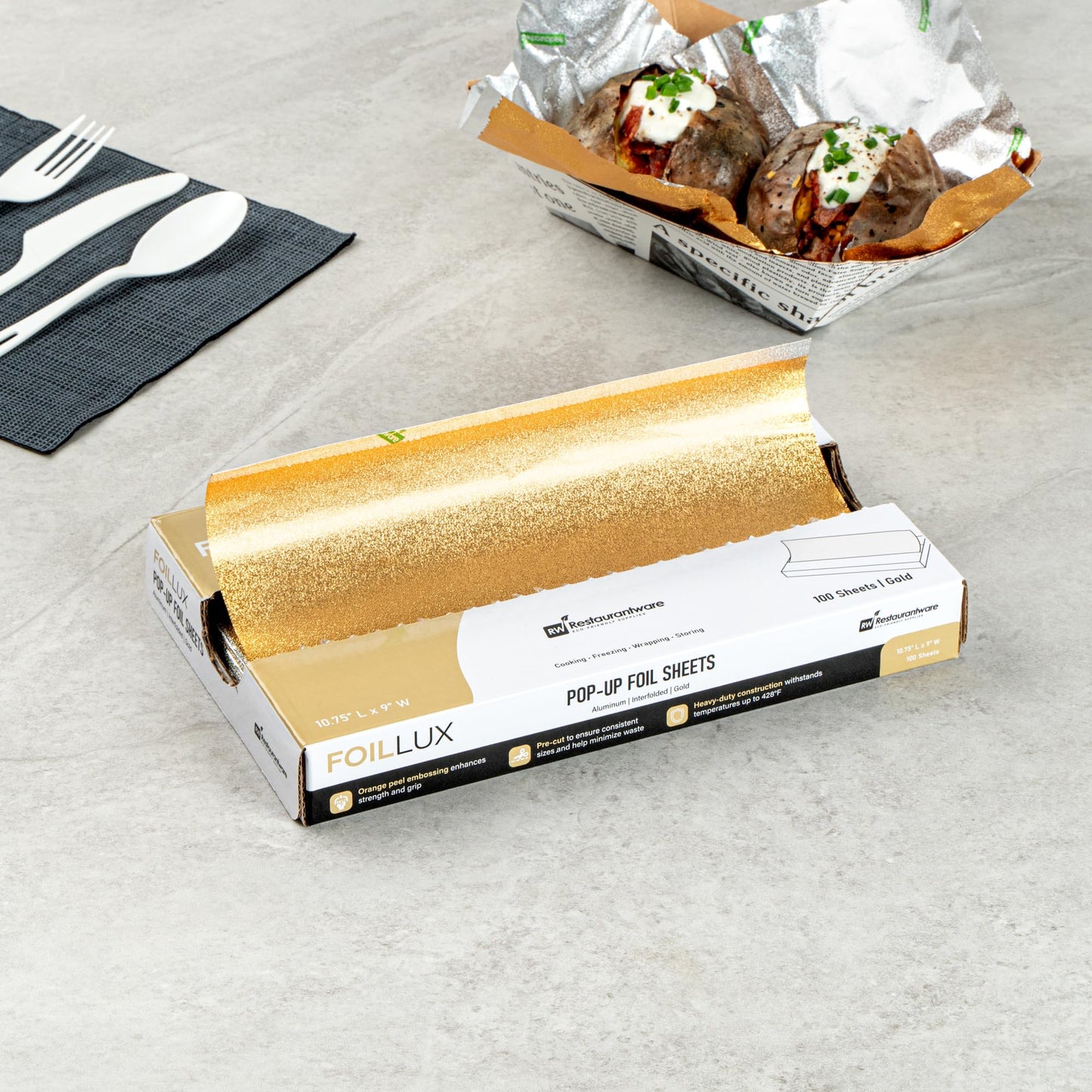 Restaurantware Lux Pop-Up Foil Sheets - 10.8 x 9 Inch, 100 Gold Embossed Aluminum Foil Papers, Greaseproof, Freezable & Oven Ready