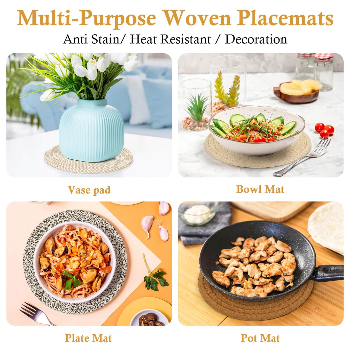 Billbotk 8"" Trivets for Hot pots and Pans, 6 Heat Resistant Hot Pads, Pot Holders for Kitchen, Hot Plate Mats for Table, Kitchen Decor for Counter, Home Essentials, Farmhouse, Brown, WT-6-2