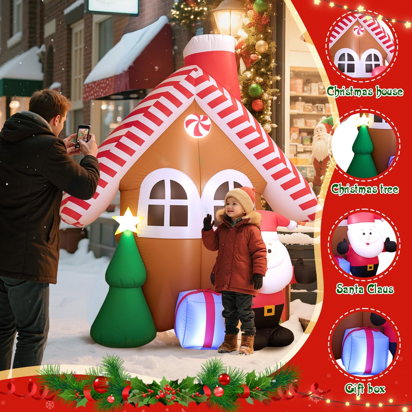 7 FT Christmas Inflatable Candy House with Santa Claus, Tree & Gift Box, Built-in LED Lights, Outdoor Blow Up Yard Decoration for Holiday Lawn Garden Party