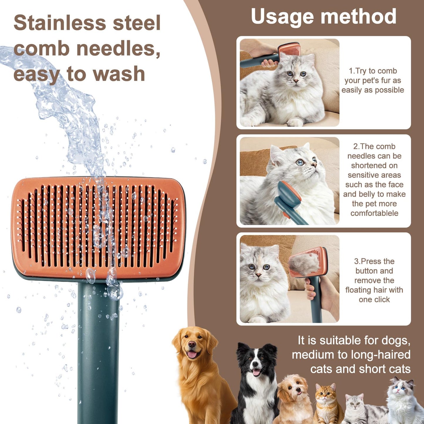 Self Cleaning Deshedding Cat Brush for Dogs & Cats,Adjustable Cat Brushes for Indoor Cats, Easy to Clean Grooming Tool for Long & Short Haired Pets