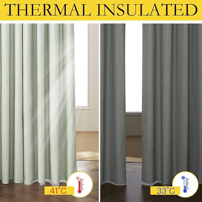 NICETOWN Sage Green Living Room Completely Shaded Linen Textured Draperies, 2 Pieces, W52 x L84, Privacy Protection & Noise Reducing Ring Top Drapes, White Lined Insulated Window Treatment Curtains