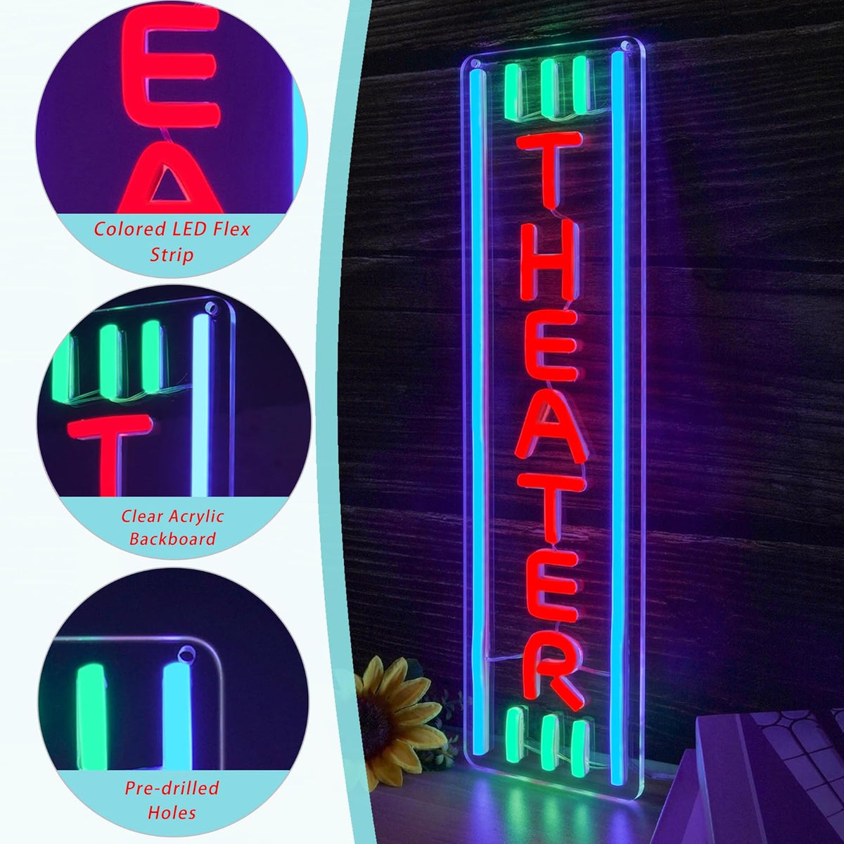 Theater Neon Sign Dimmable LED Movie Night Signs for Wall Decor Home Theater Accessories Sign Theater Room Neon Light for Movie Room Home Bar Decor Classic Cinema Style Light Gifts(16.8 * 4.8in)