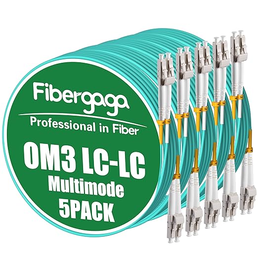 Fibergaga 5Pack-1M(3ft) OM3 LC to LC Fiber Patch Cable, Multimode 50/125µm 10G/40G, OD-2.0mm Fiber Optic Cable Duplex