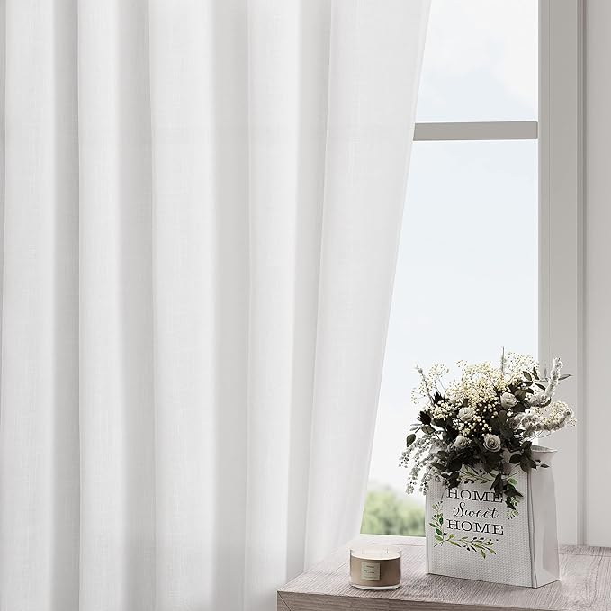 Nanspring White Curtains 45 Inch Long,2 Panel for Cafe Back Tab Pocket Semi Sheer Short Linen Narrow Mini Curtain Tiers for Kitchen Doors, Bedroom, Small Window Basement 36x45