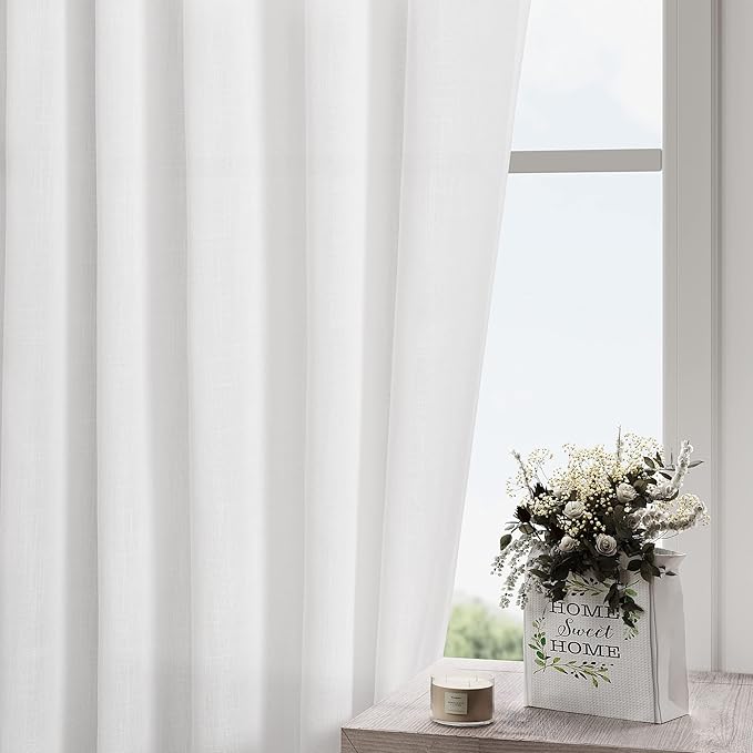 Nanspring White Linen Curtains 65 Inch Length for Living Room 2 Panels Set Semi Sheer Light Filtering Privacy Back Tab Rod Pocket Drapes Neutral Modern Farmhouse Window Curtain for Bedroom 52x65