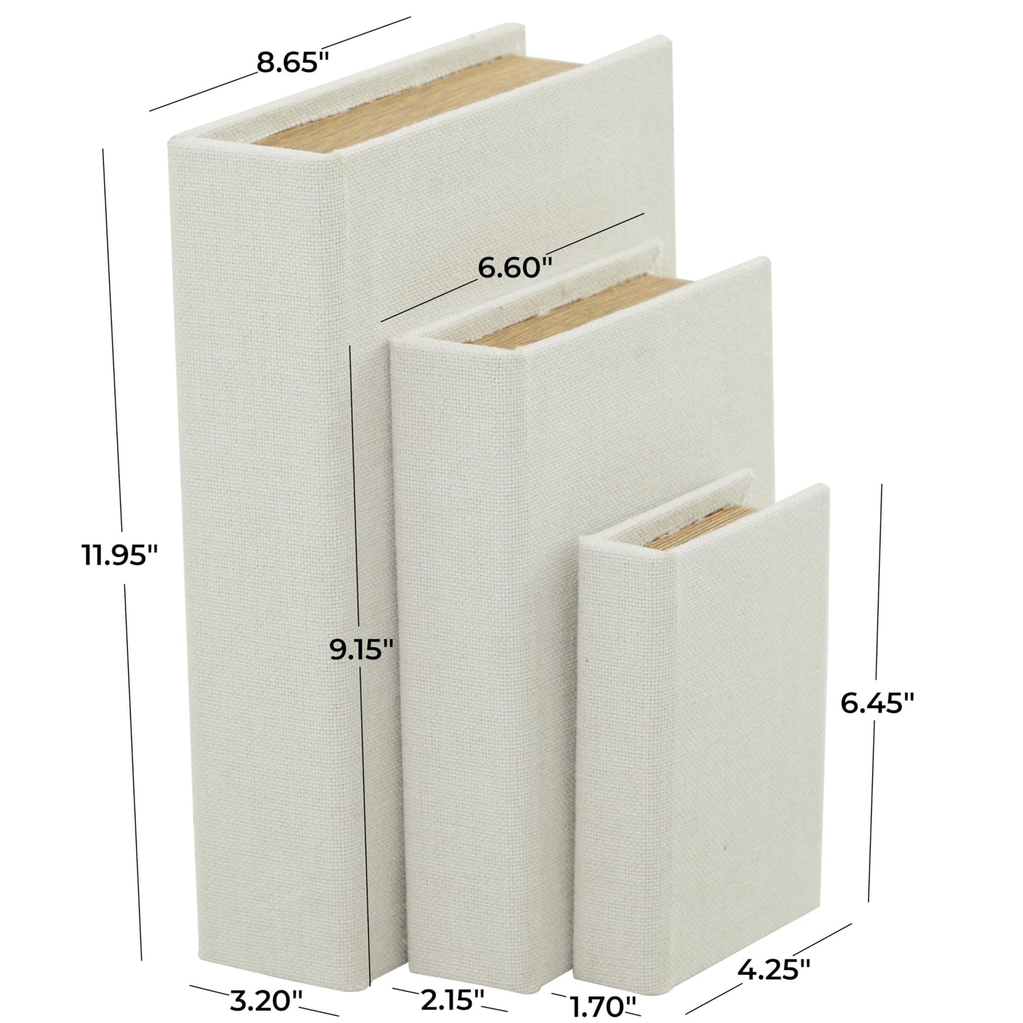 Deco 79 Linen Fabric Decorative Box Faux Storage Book Book Shaped Boxes, Set of 3 Decorative Keepsake Boxes 12", 9", 6"H, White
