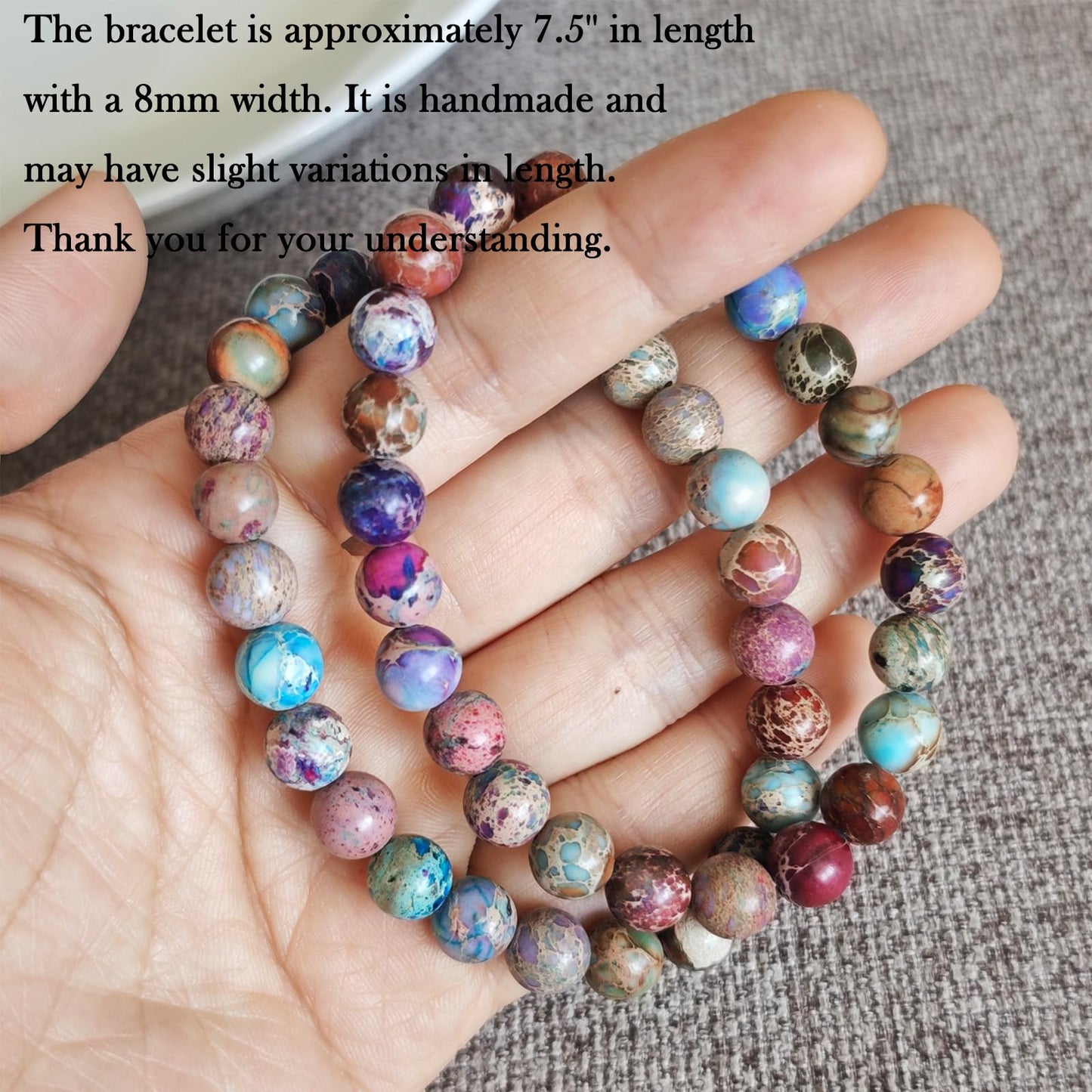 Handmade Natural Gemstone Elastic Bracelet - Healing Crystal Beads Jewelry, Unisex (Imperial Jasper, 8mm)