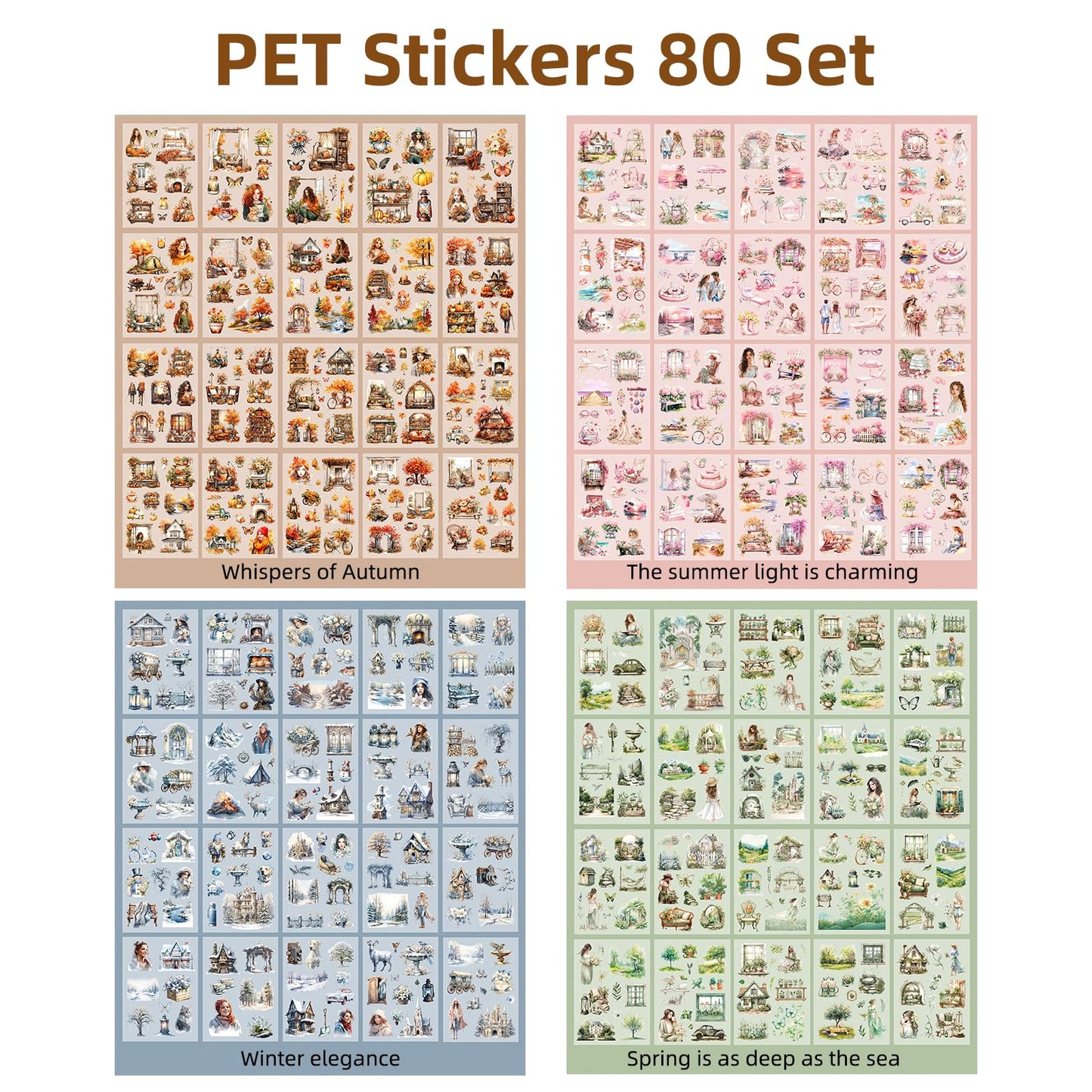 Uideyvi Four Seasons Style Stickers Scrapbooking Supplies for Junk Journal, Four Sticker Books, 80 Sheets PET Stickers