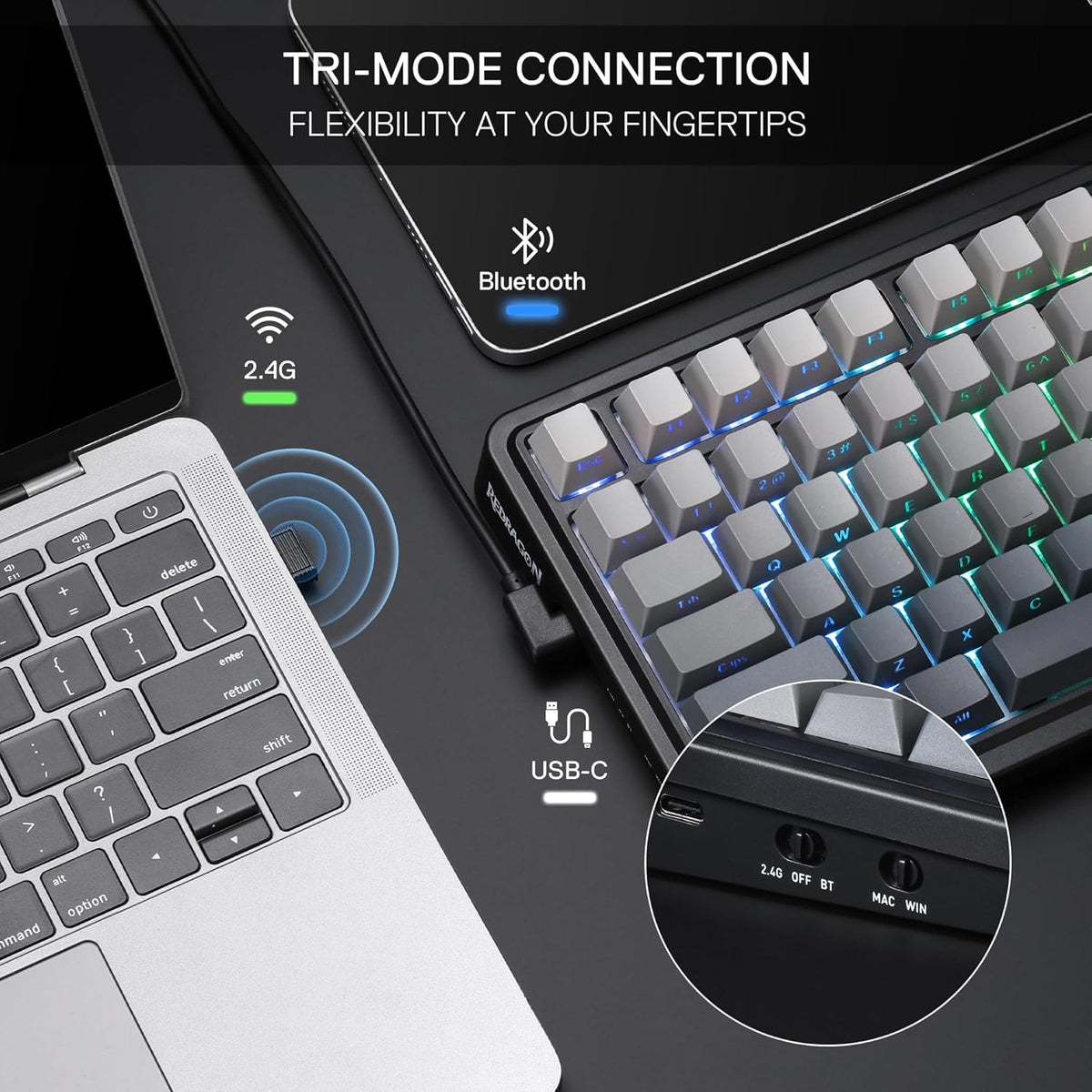 Redragon K686 PRO 98 Keys Wireless Gasket RGB Gaming Keyboard, 3-Mode PBT Mechanical Keyboard w/Hot-Swap South-Facing RGB Socket, Dedicated Knob Control & 5-Layer Noise Dampening, Gradient PBT Keycaps