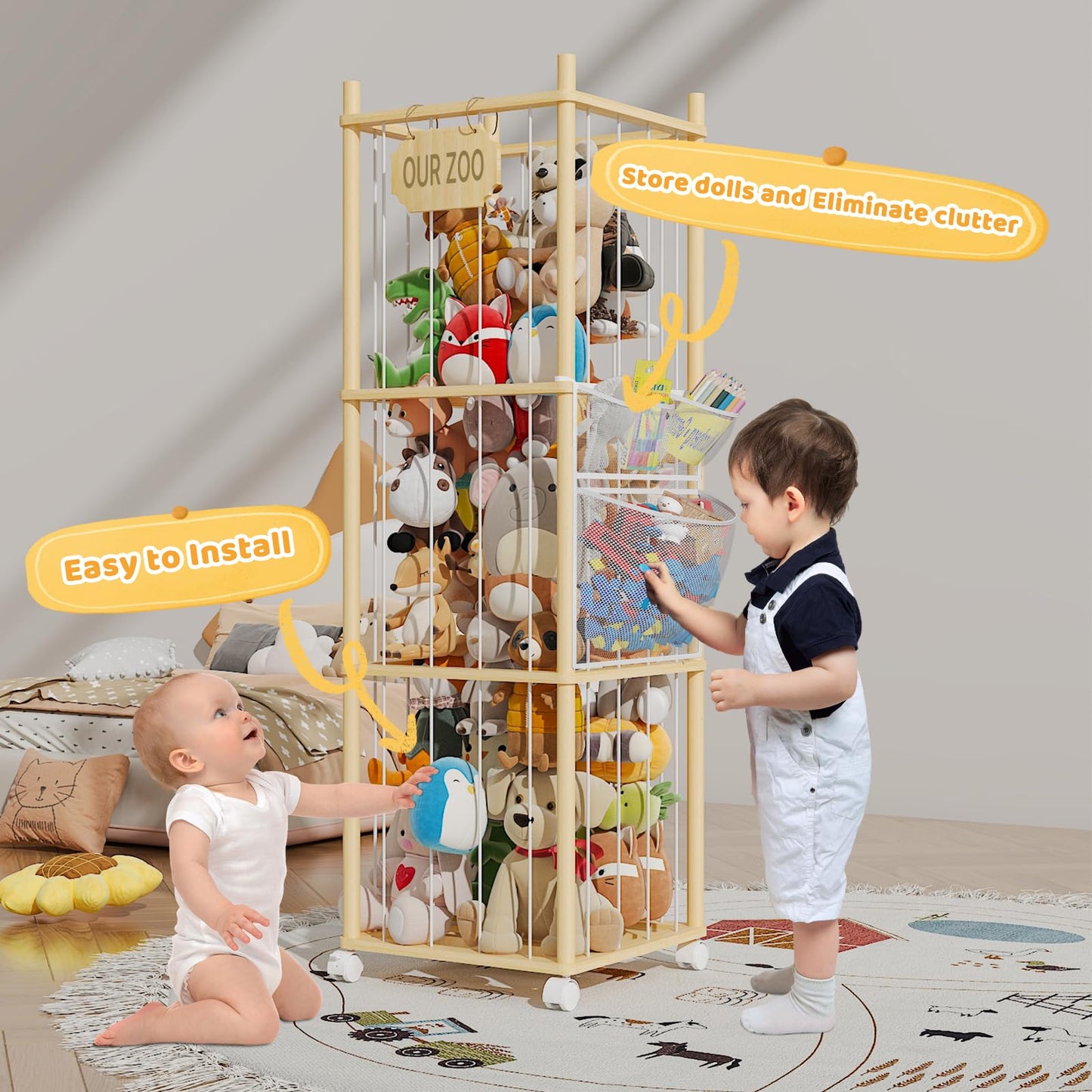 UAMFURI Stuffed Animal Storage with Net Wooden Toy Storage Organizer Stuffed Animal Zoo Storage with Lockable Wheels for Toddler Rooms, Playrooms & Bedrooms (2-Layers)