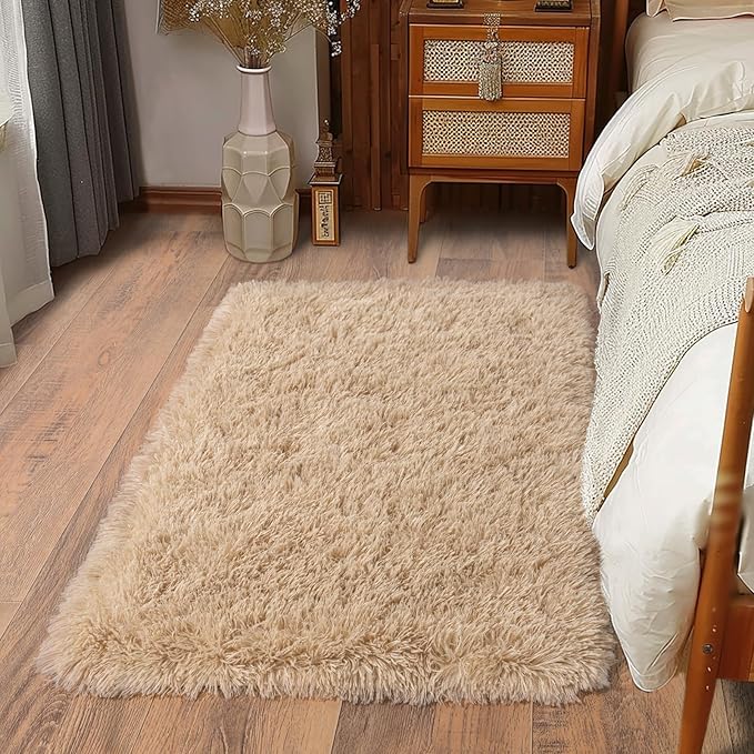 Soft Runner Rugs for Bedroom Hallways, 2x3 Beige Fluffy Shag Throw Area Rug for Bedside Dorm, Long Shaggy Furry Carpet for Nursery Living Room New Upgraded Non-Slip Bottom