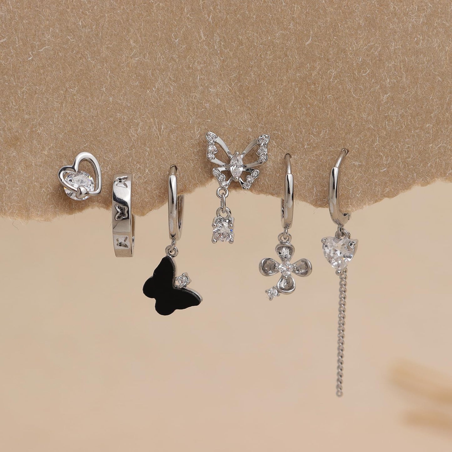Frigotine Silver Butterfly Heart Small Hoop Stud Earrings Stack Set for Women, Dainty Sparkly Rhinestone Crystal Drop Multiple Piercing Cartilage Huggie Earing Holiday Prom Fashion Jewelry Gift