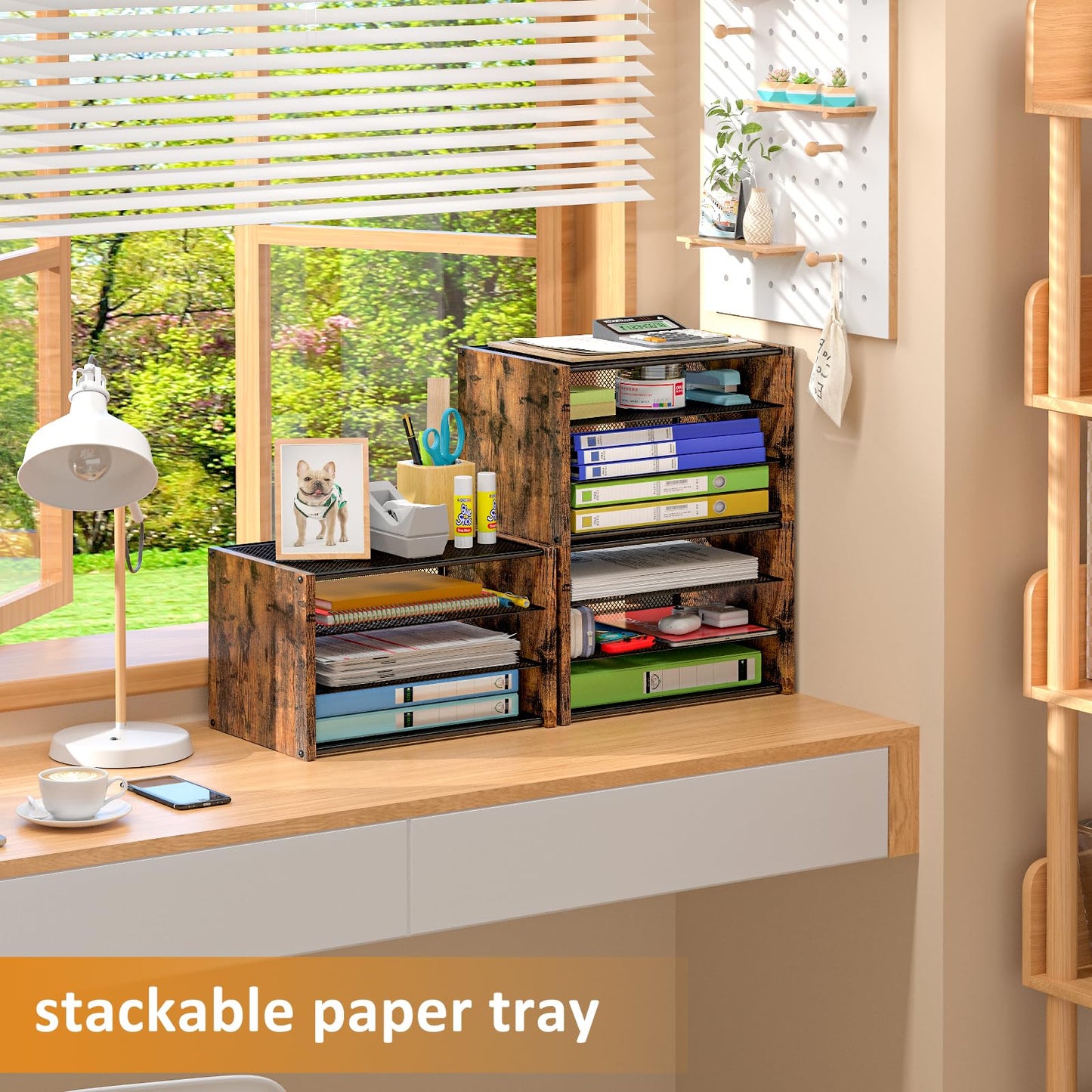 3-Tier Paper Letter Tray, Wooden Desk File Organizer, Stackable Metal Mesh Desk Organizer for Office Supplies. Small Paper Trays for Home Office School, Rustic Brown