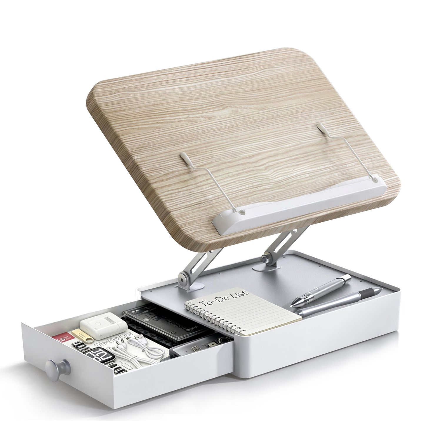 Book Stand with Storage Drawer, Adjustable Wooden Reading Stand for Desk, Ergonomic Height & Angle Book Holder for Textbooks, Cookbooks, Documents (White Ash Finish, 9.8" x 13.8" Large Panel)