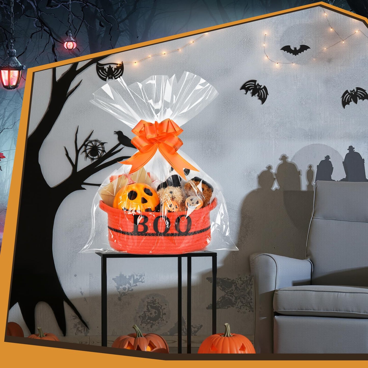 Potchen Halloween Boo Basket Gift with Handles Funny Boo Cotton Rope Basket Empty Trick or Treat Storage Bin with Clear Plastic Bag Ribbon Gift Card Envelope Set for Halloween Celebrations(Orange)