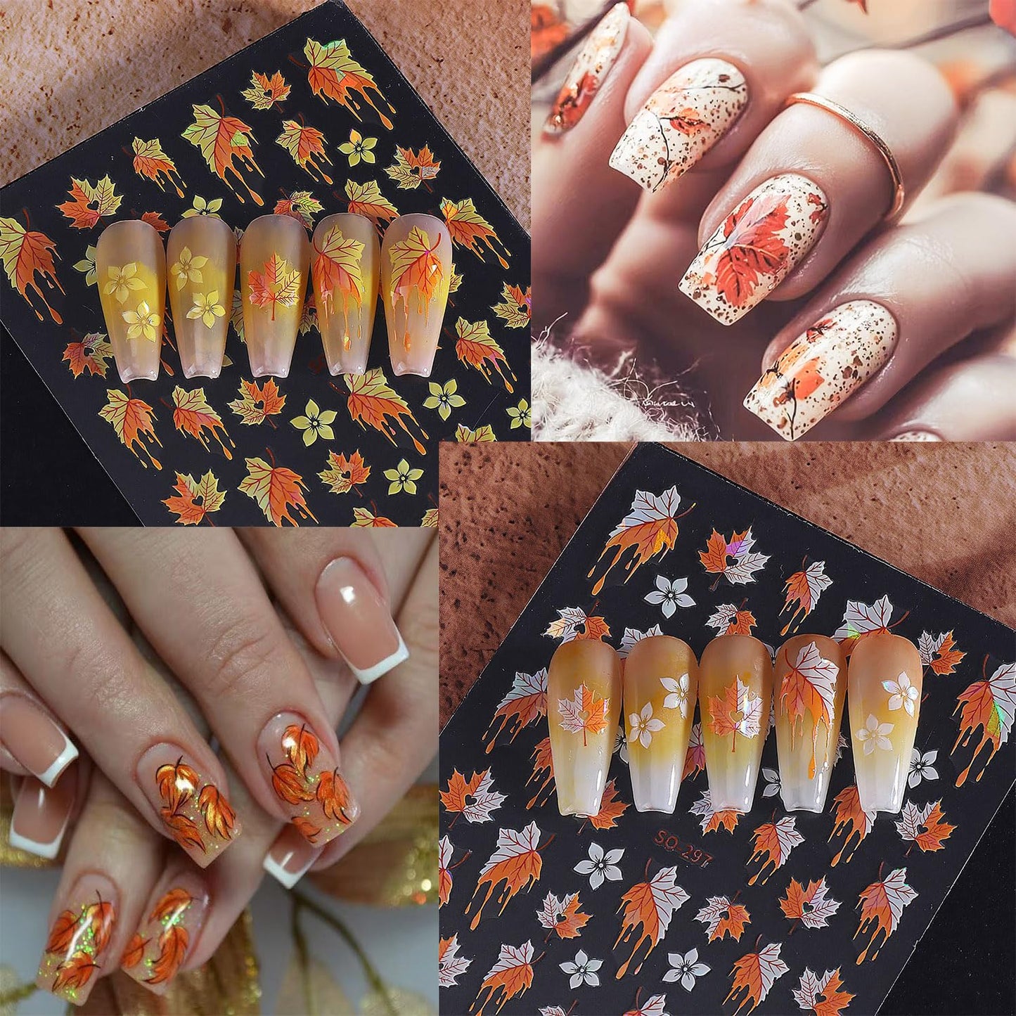 6 Sheets Thanksgiving Nail Art Stickers Fall Maple Leaf Nails Stickers 3D Self -Adhesive Flower Laser Maple Leaf Nail Decals Holographic Thanksgiving Decoration for Women Featival DIY Manicure
