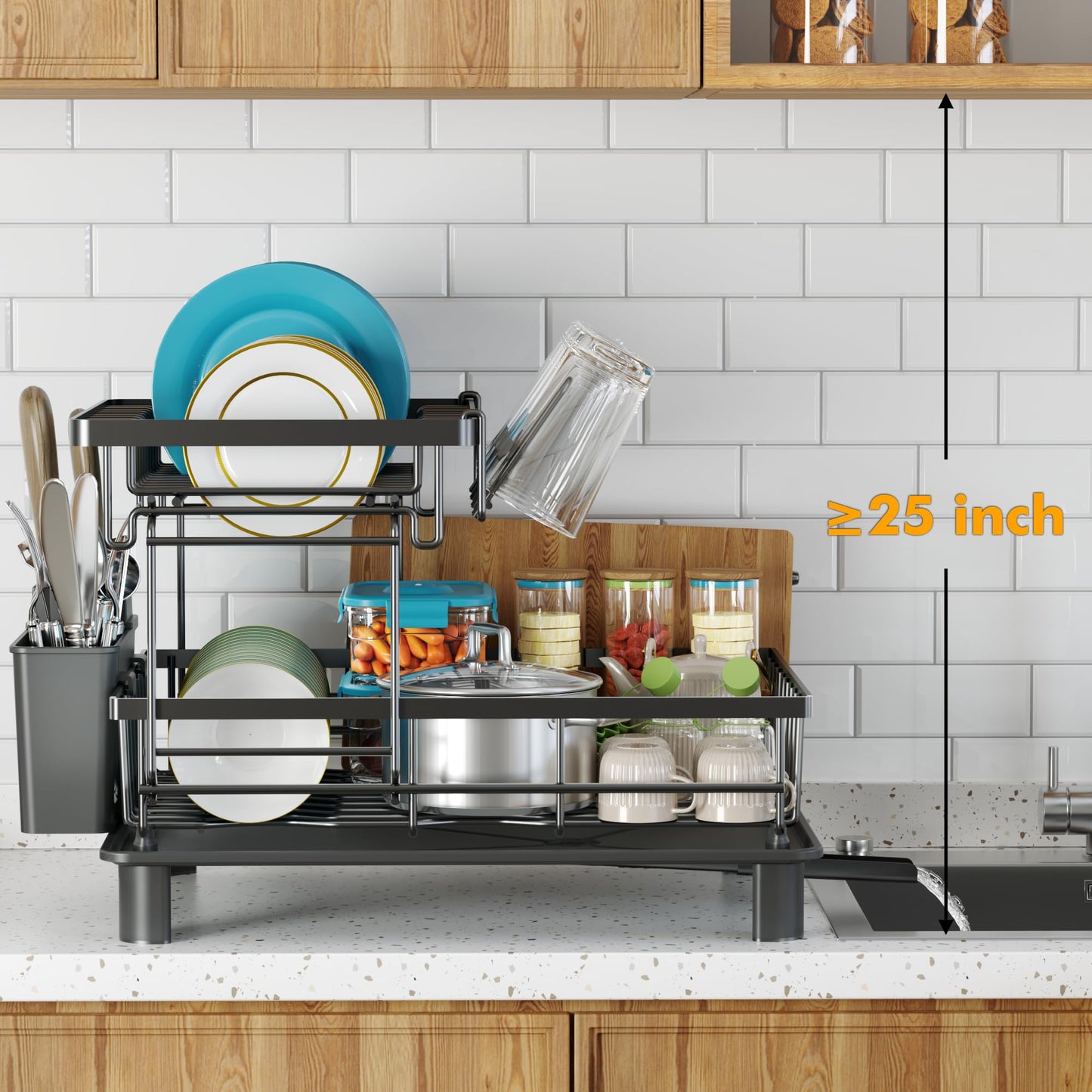 IMXSUMDA Dish Drying Rack, 2 Tier Dish Racks for Kitchen Counter, Compact Drying Rack Kitchen, Rust-Resistant Dish Drainer, Detachable Space-Saving Dish Rack with Drainboard, Utensil Holder, Black