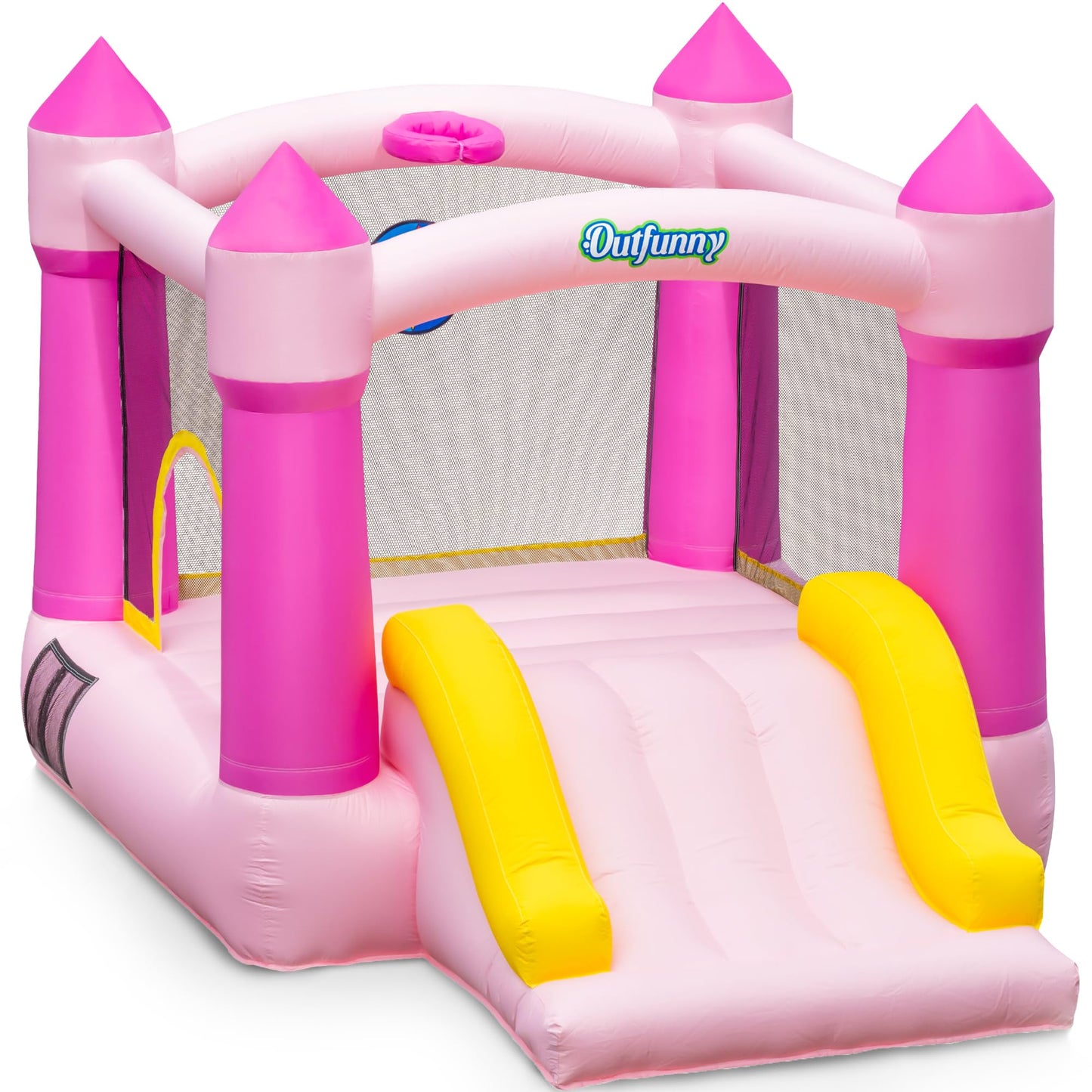 Outfunny Indoor Bounce House with Slide, Inflatable Bouncy House for Kids 3-8, Bounce Area 6'x6', Capacity 300 lb - Pink