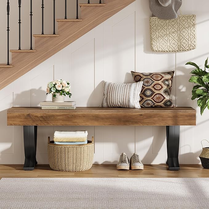 Tribesigns Entryway Shoe Bench, 55-Inch Wooden Shoe Bench with Metal X-Shaped Legs, Industrial Long End of Bed Stool with Seating for Bedroom, Living Room, Hallway, Porch