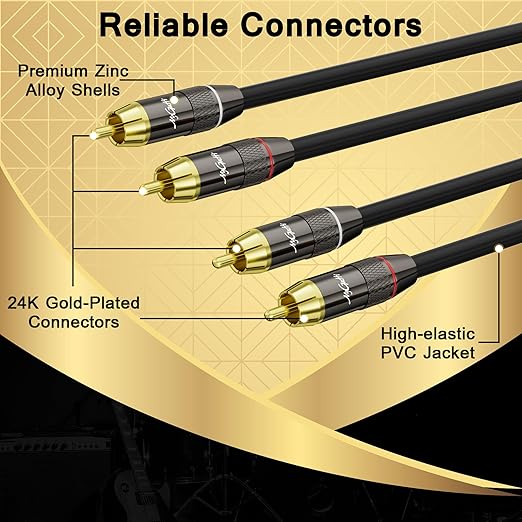 RCA Cable 30 FT, 2RCA to 2RCA Stereo Audio Cable, 【Zinc Alloy Shells, Oxygen-Free Copper, Gold-Plated Plugs】2 RCA Audio Adapter Cord, for Home Theater, HDTV, Amplifier, Hi-Fi System, Car, Speaker